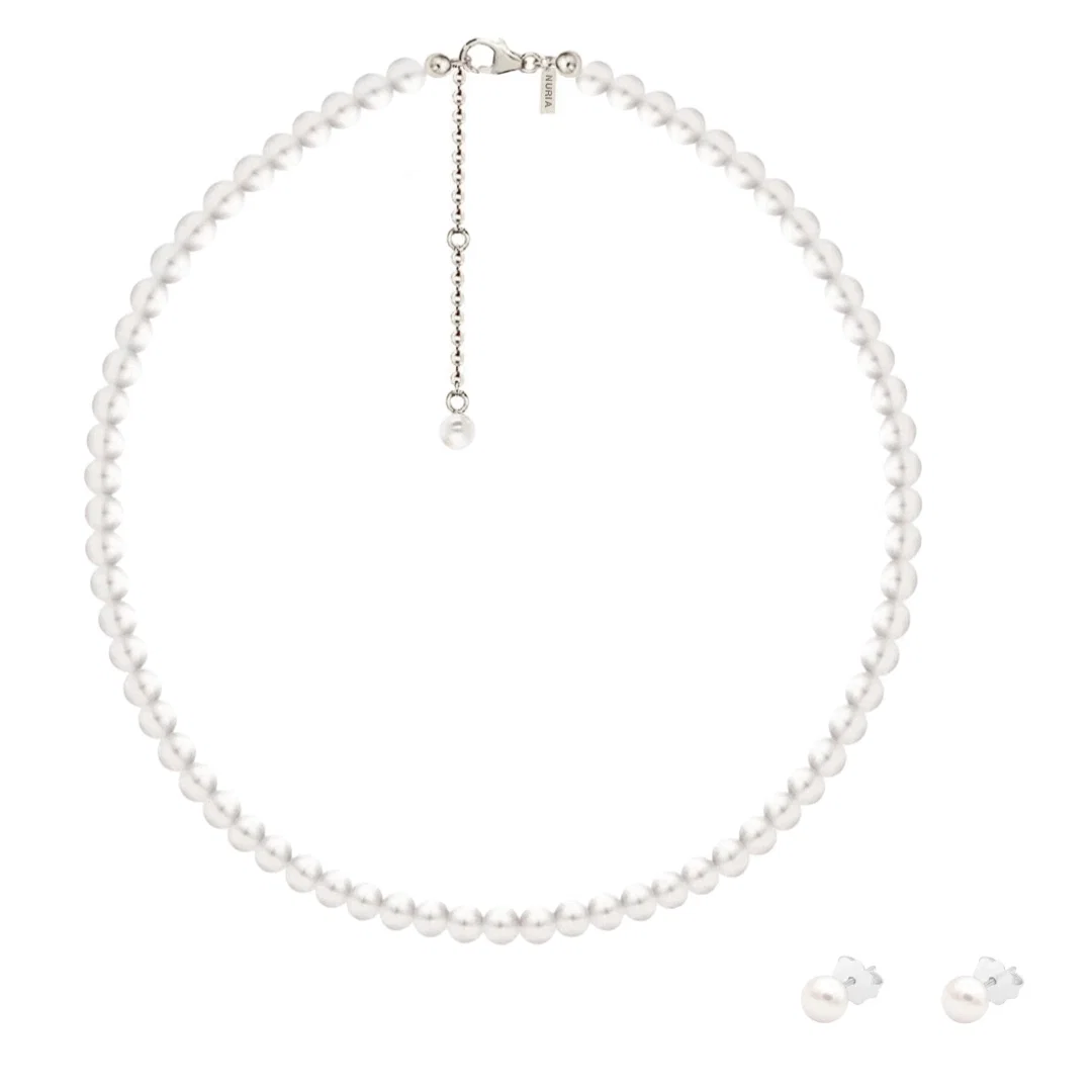Seturi Bijuterii - Set Colier și Cercei Argint cu Perle Naturale de Cultură Large String Argintiu