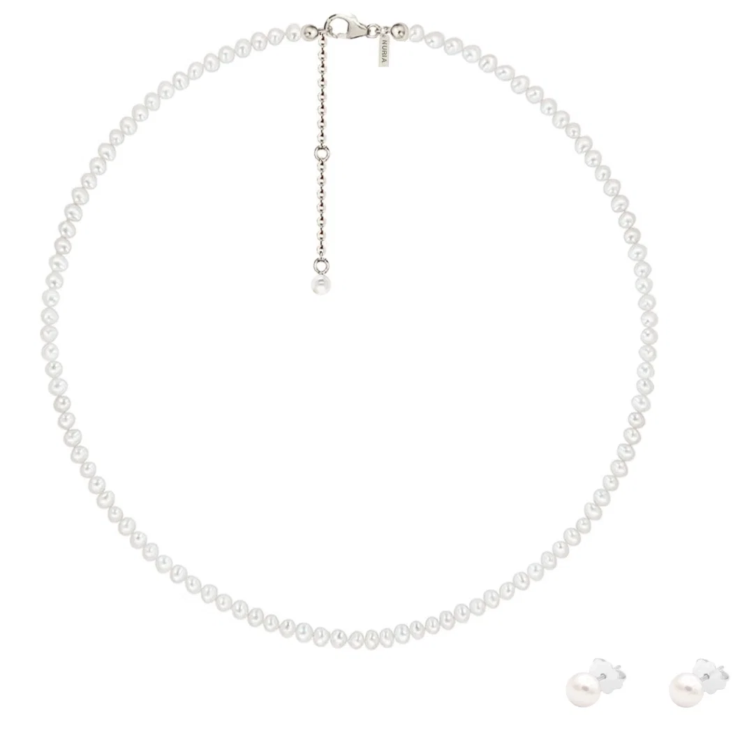 Seturi Bijuterii - Set Colier și Cercei Argint cu Perle Naturale de Cultură Small String Argintiu
