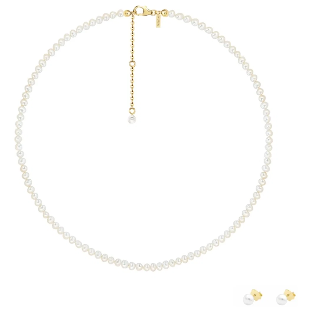 Seturi Bijuterii - Set Colier și Cercei Argint cu Perle Naturale de Cultură Small String Gold