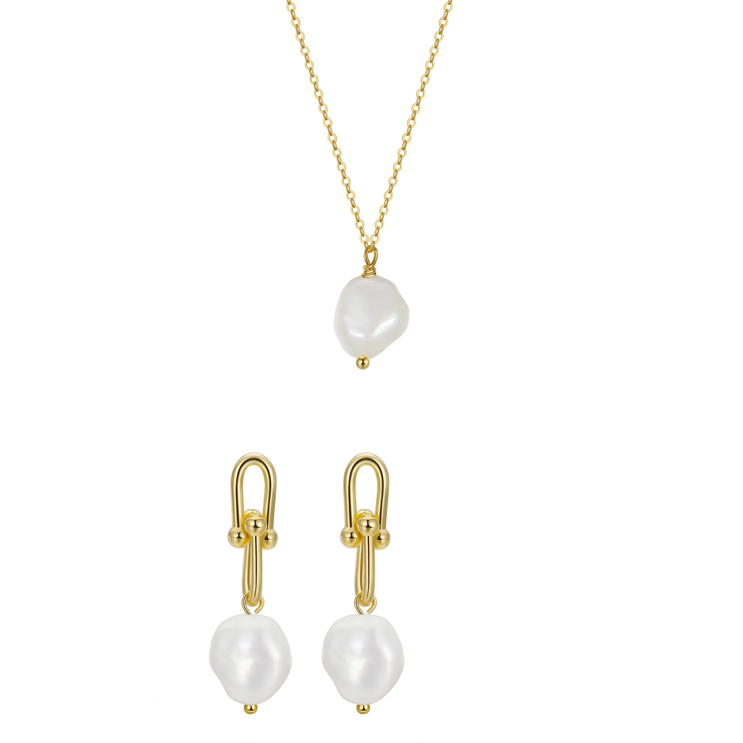 Colecții - Set Colier și Cercei din Argint cu perlă naturală de cultură Gold Baroque