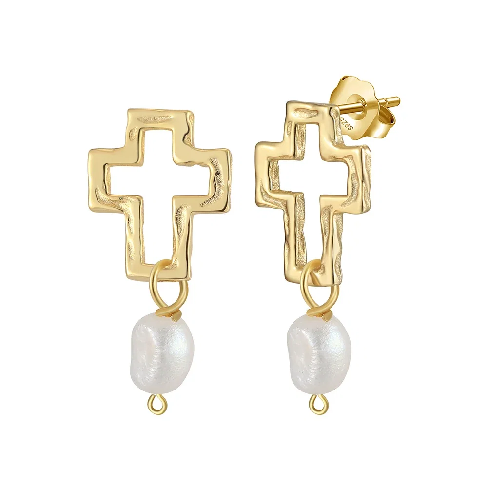 Seturi bijuterii din argint - Set Colier și Cercei din Argint cu Perle Naturale de Cultură Cross With Pearl Gold