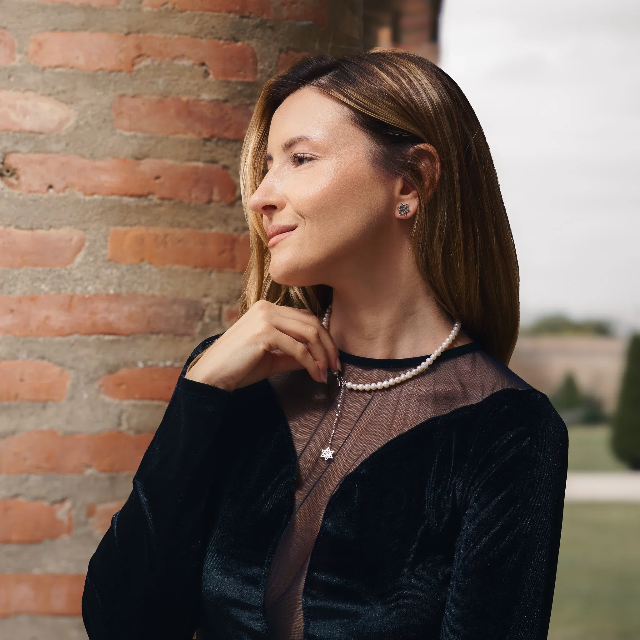 Seturi bijuterii din argint - Set Colier și Cercei din argint cu perle naturale de cultură mari Stea Argintiu