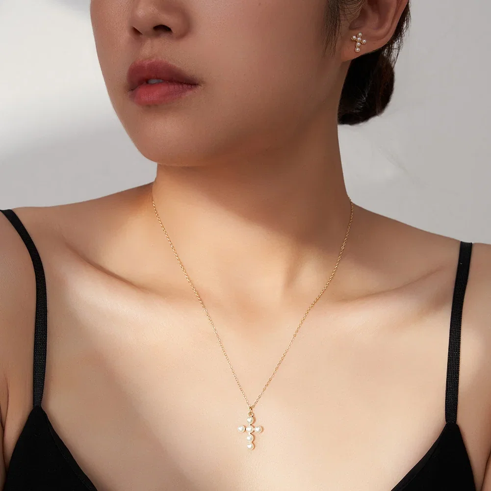 Seturi bijuterii din argint - Set Colier și Cercei din Argint cu Perle Naturale de Cultură Pearl Cross Charm