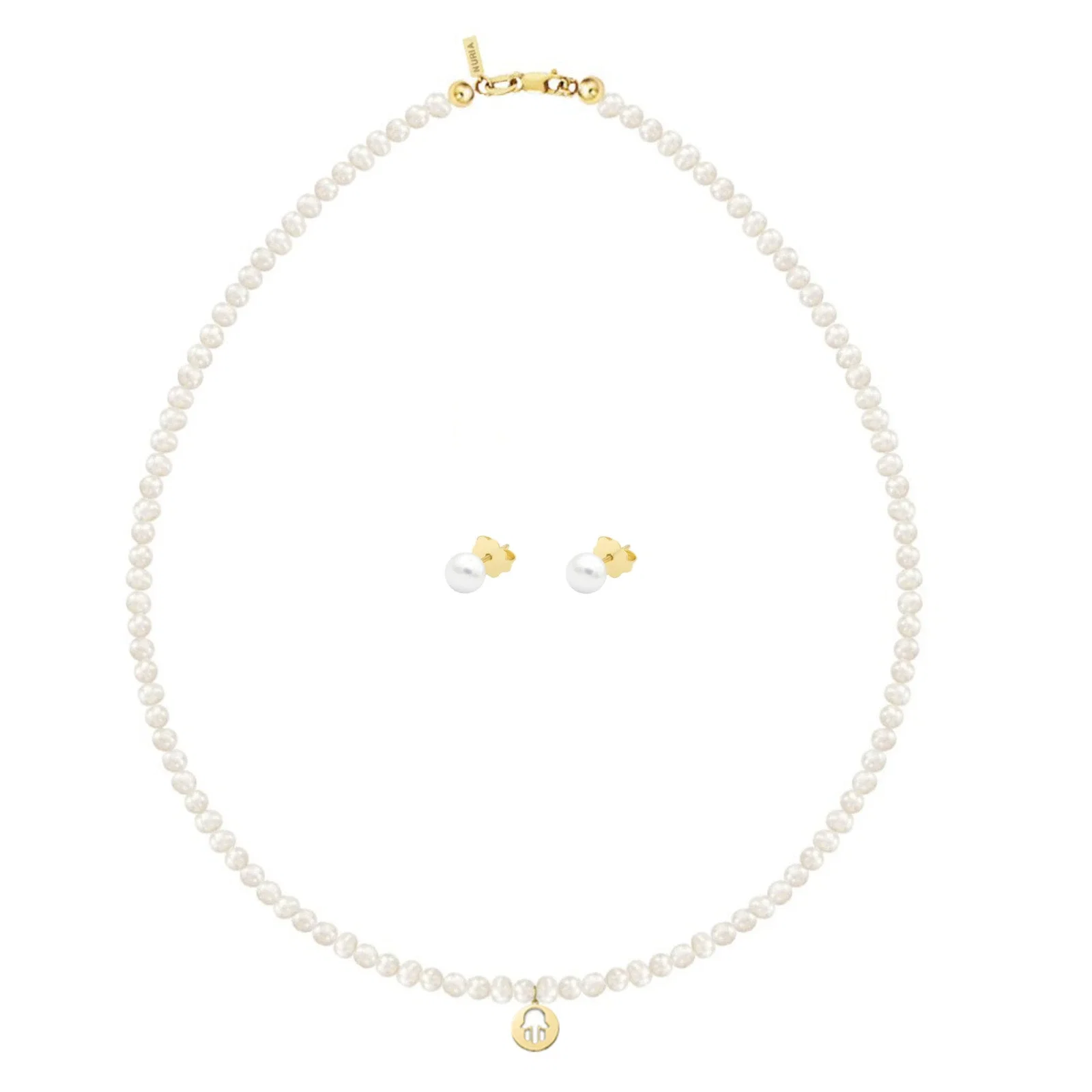 Seturi Bijuterii - Set Colier și Cercei din argint cu perle naturale de cultură Small String Hamsa Auriu