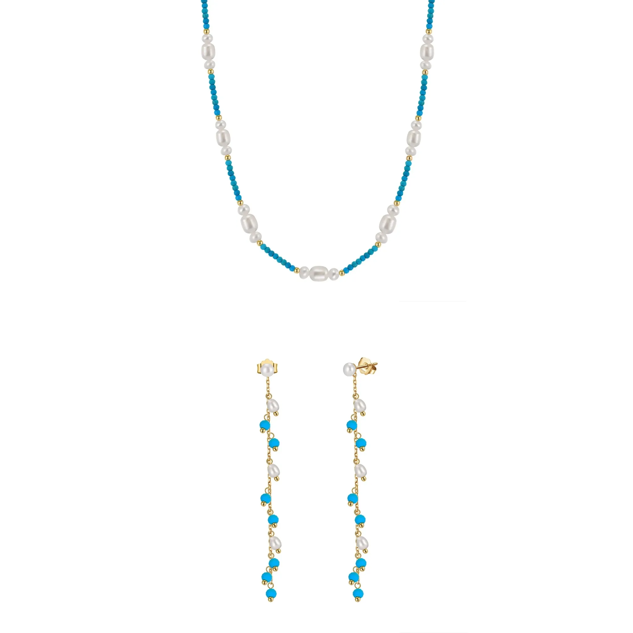Seturi Bijuterii - Set Colier și Cercei din Argint cu Perle Naturale și Piatră Naturală Turcoaz Turquoise Elegance