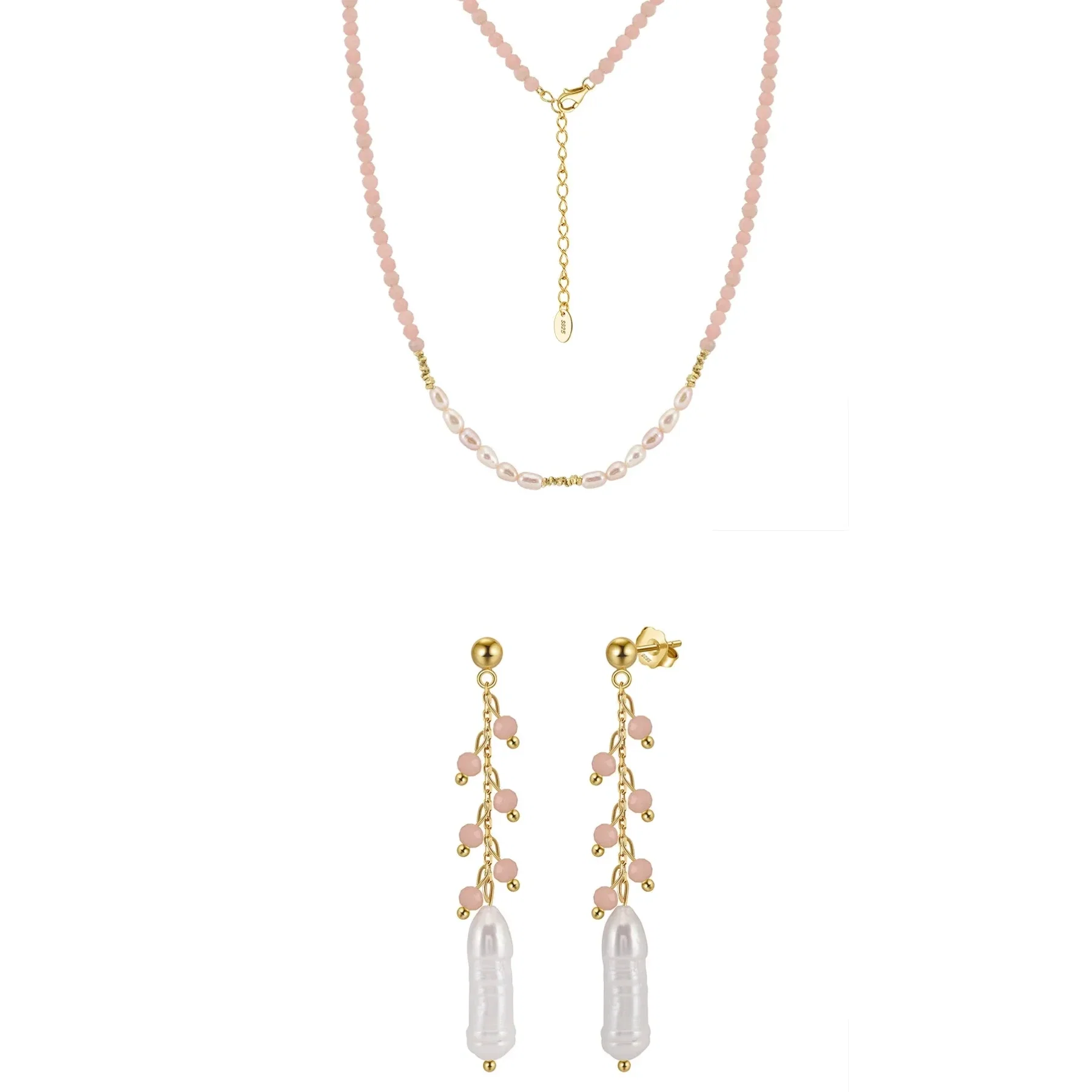 Seturi Bijuterii - Set Colier și Cercei din Argint cu Perle și Pietre Naturale Cuarț Pink Blush Gold