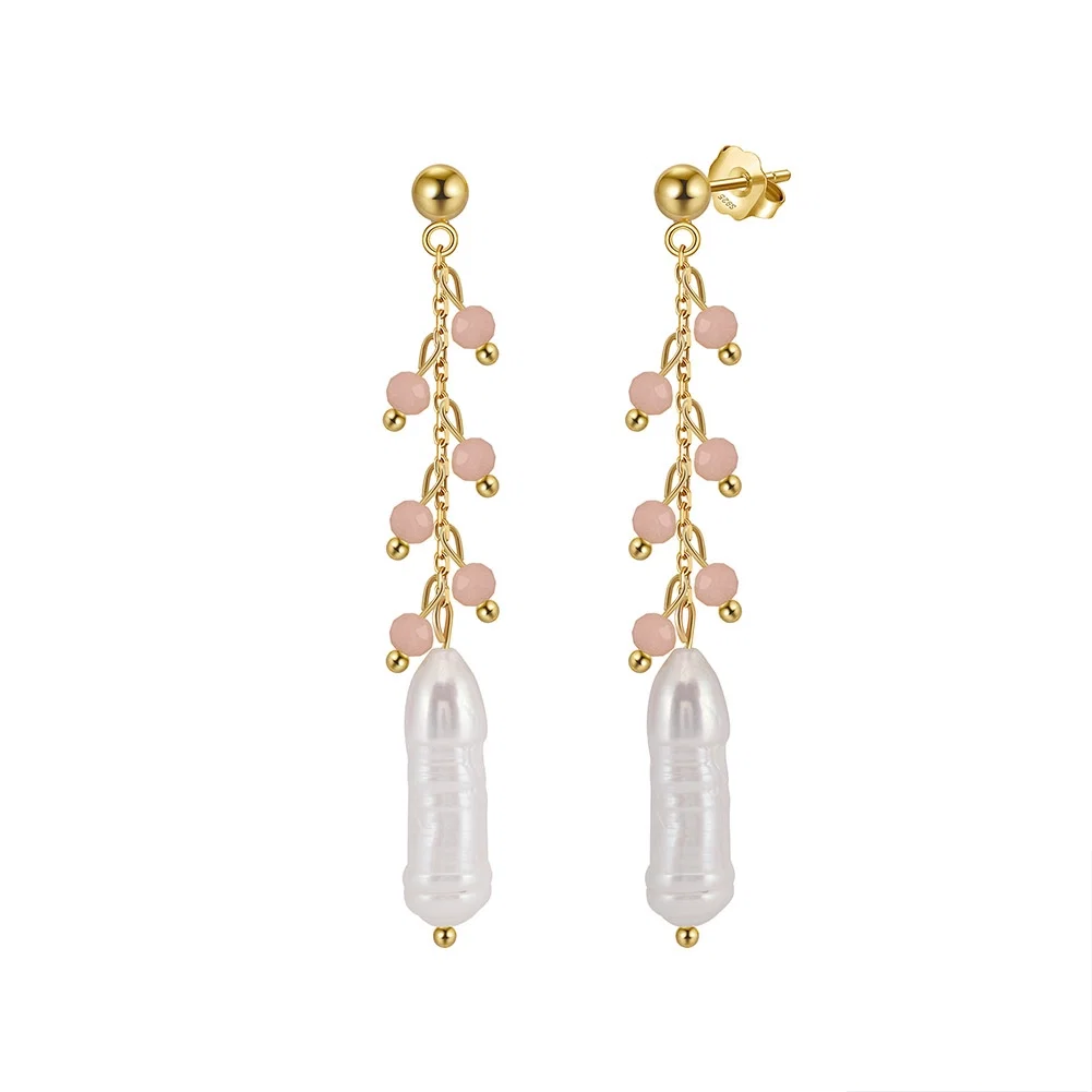 Seturi Bijuterii - Set Colier și Cercei din Argint cu Perle și Pietre Naturale Cuarț Pink Blush Gold