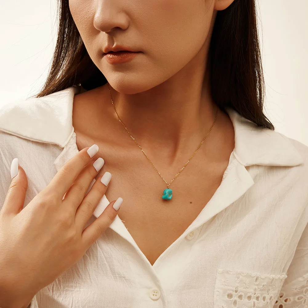 Seturi Bijuterii - Set Colier și Cercei din Argint cu Piatră Naturală Turcoaz Turquoise Pendant Gold