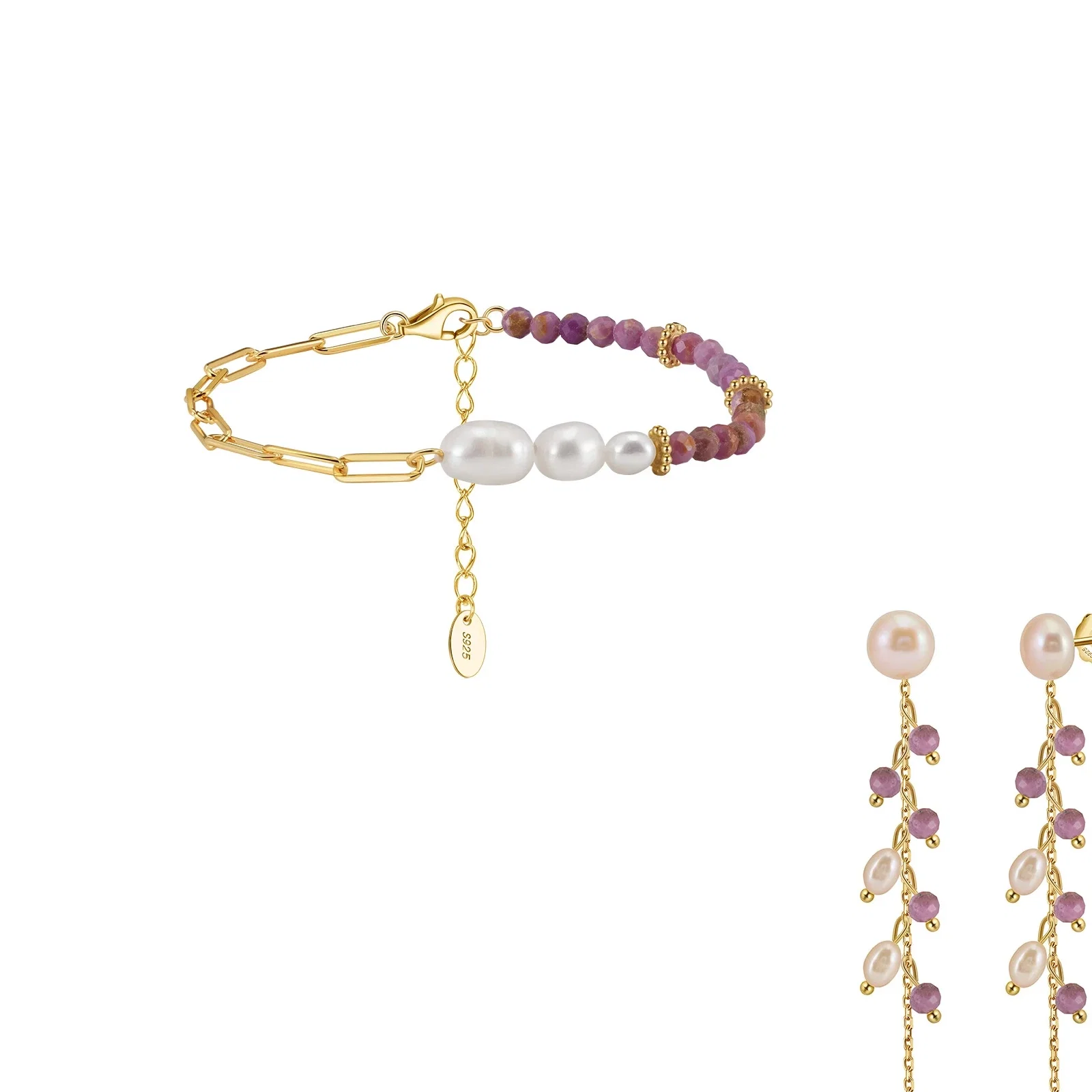Seturi Bijuterii - Set Brățară și Cercei din Argint cu Perle Naturale și Pietre Ametist Elegant Gold Amethyst