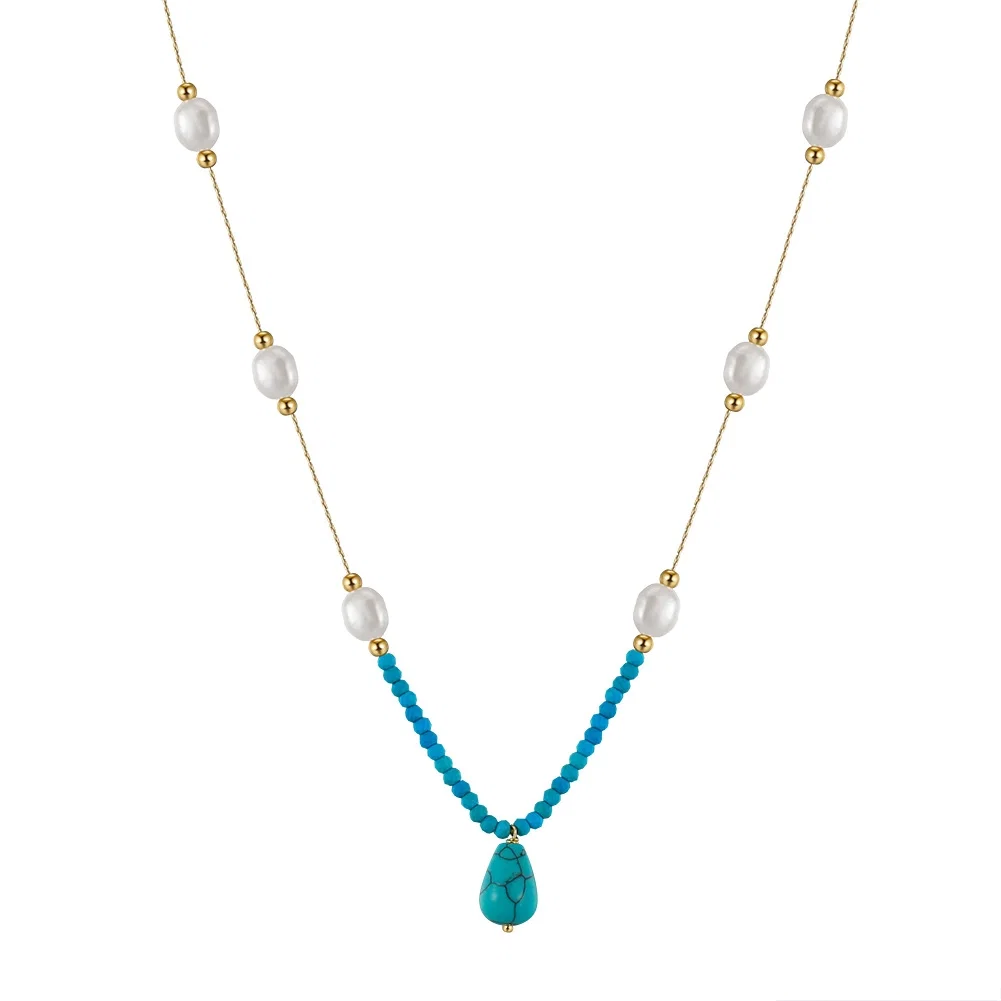 Seturi Bijuterii - Set Colier și Cercei din Perle și Piatră Naturală Turcoaz Turquoise Harmony Gold