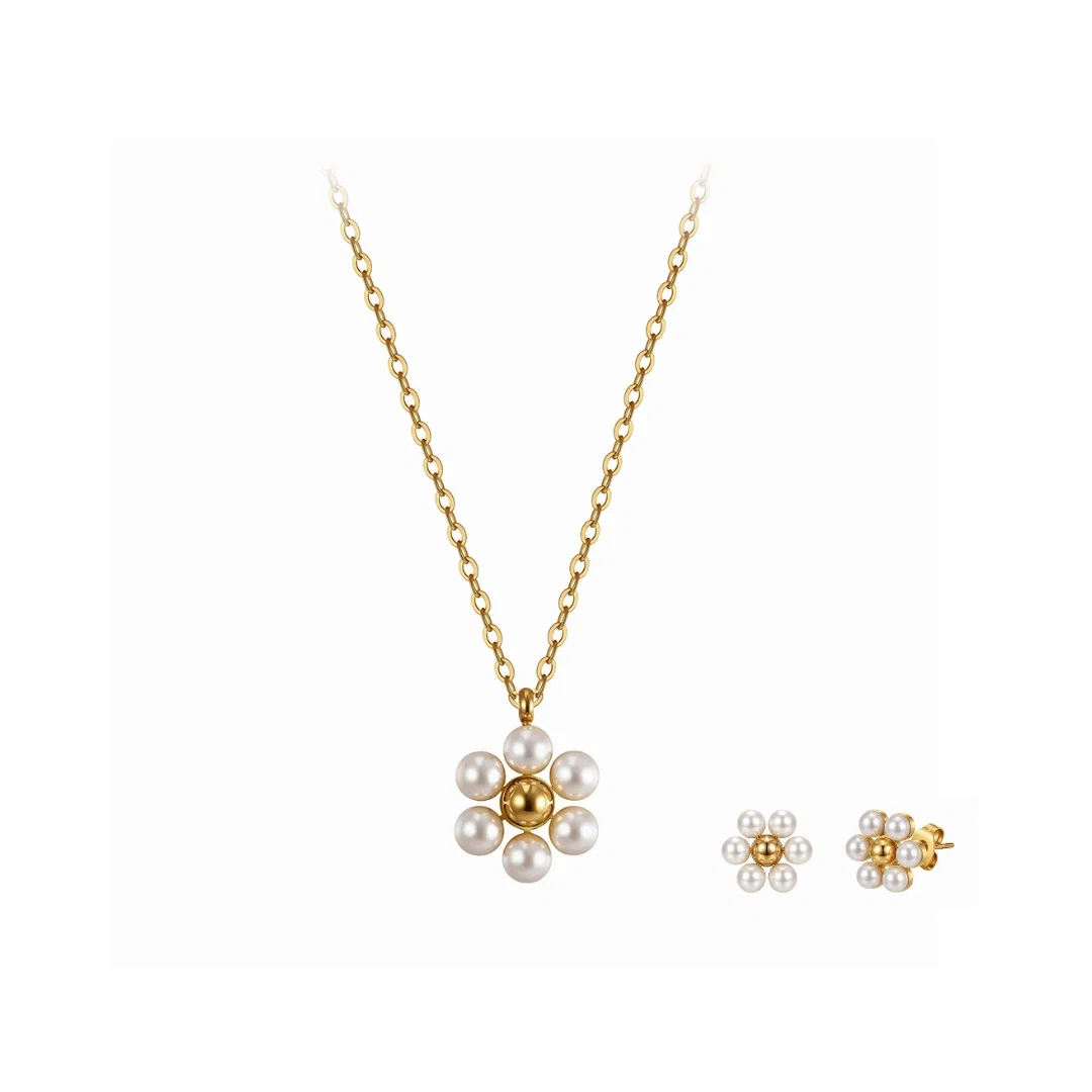 Seturi Bijuterii Statement - Set Colier și Cercei Statement cu Perle Shell Blossom Auriu