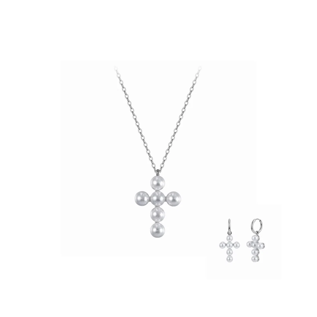 Seturi Bijuterii Statement - Set Colier și Cercei Statement cu Perle Shell Cross Argintiu