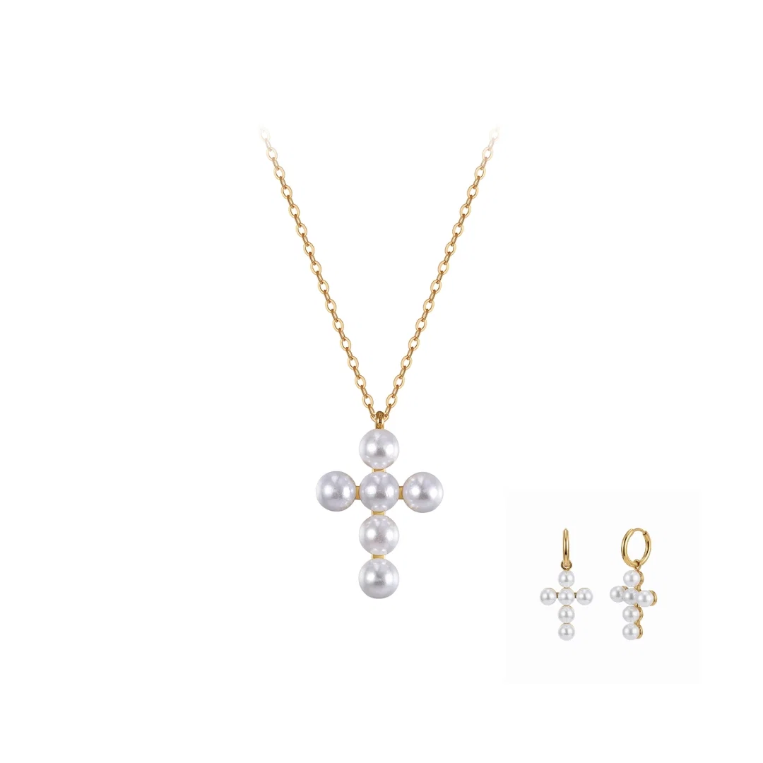 Seturi Bijuterii Statement - Set Colier și Cercei Statement cu Perle Shell Cross Auriu NURIA