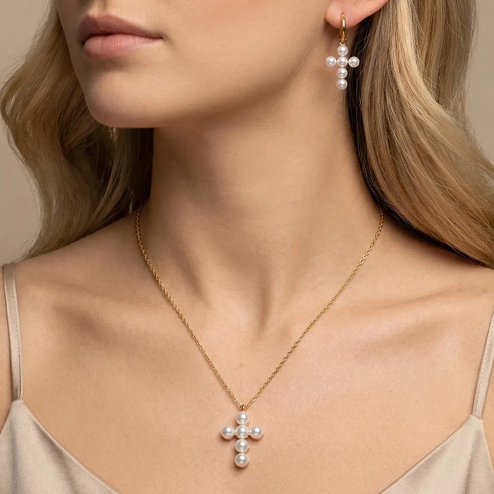 Seturi Bijuterii Statement - Set Colier și Cercei Statement cu Perle Shell Cross Auriu NURIA