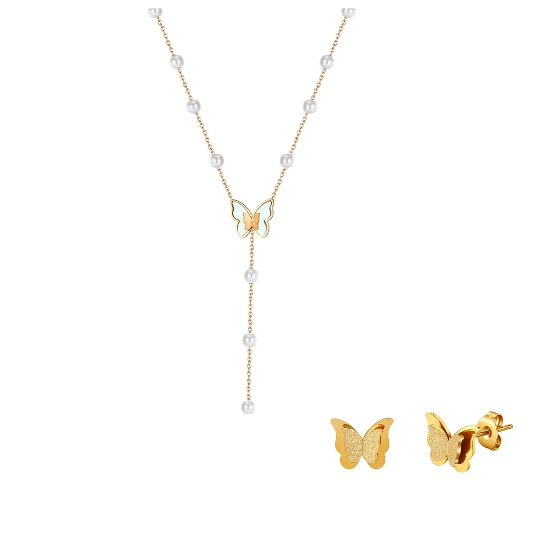 Seturi Bijuterii Statement - Set Colier și Cercei Statement cu Perle Shell și Sidef Flutter Auriu
