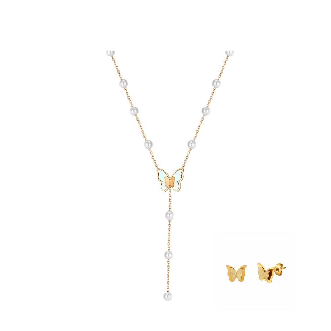 Seturi Bijuterii Statement - Set Colier și Cercei Statement cu Perle Shell și Sidef Flutter Auriu