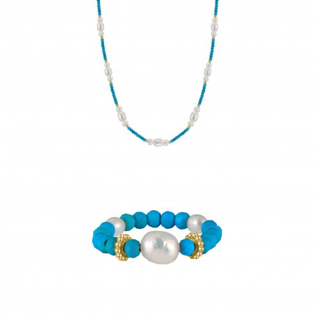 Seturi Bijuterii - Set Colier și Inel din Argint cu Perle Naturale și Piatră Naturală Turcoaz Turquoise Gold