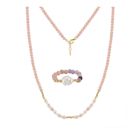 Seturi Bijuterii - Set Colier și Inel din Argint cu Perle Naturale și Pietre Naturale Cuarț Pink Elegance