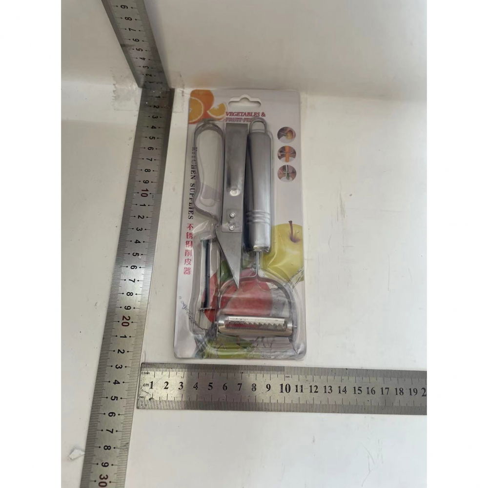 Accesorii de curatat decojit fructe legume, set 3 piese, feliator cutit decojitor, legume si fructe, din otel inoxidabil, cu maner, argintiu [4]