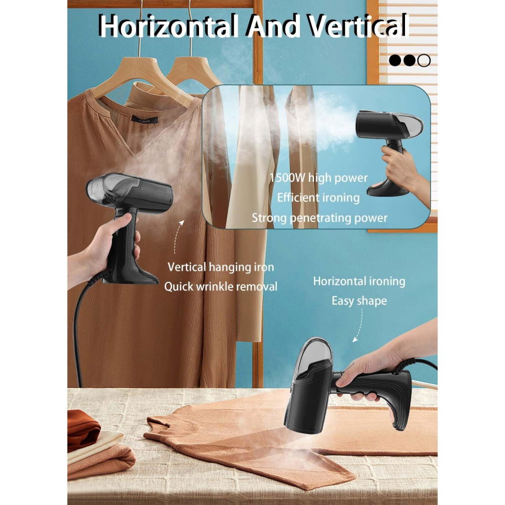 Aparat de calcat vertical portabil cu abur, putere 1500w, rezervor detasabil de 138ml, priza, functie anti calcar si auto curatare, pliabil, cu perie, 20x10.5x8 cm, negru [8]