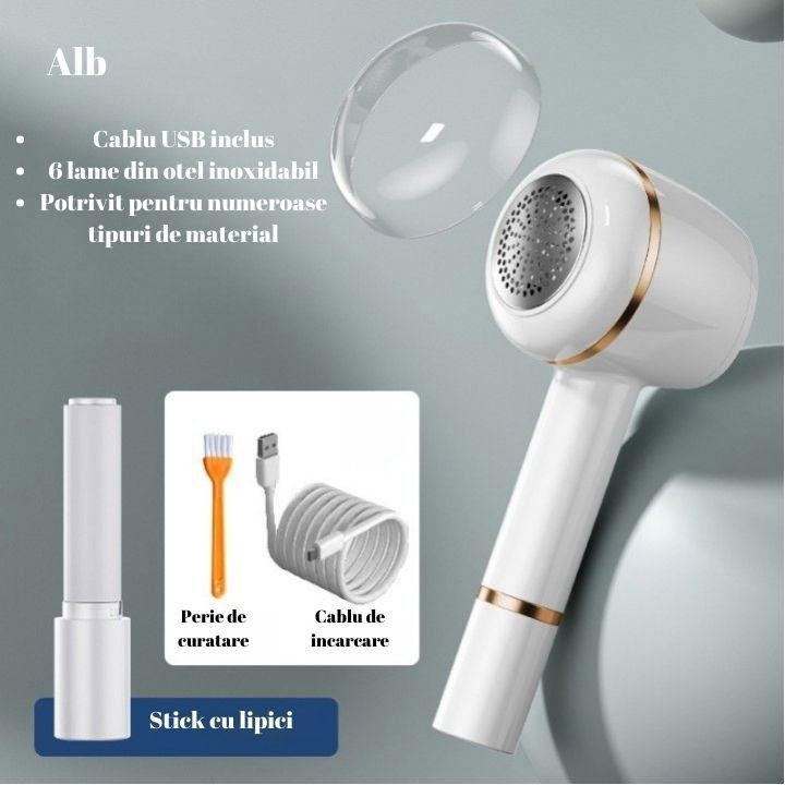 Aparat pentru curatat scame, par si praf, pentru diferite tipuri de material, cu lame din otel inoxidabil, incarcare prin usb type-c, cu perie de curatare, cablu usb si stick cu lipici incluse, alb, 220 x 86 mm [5]
