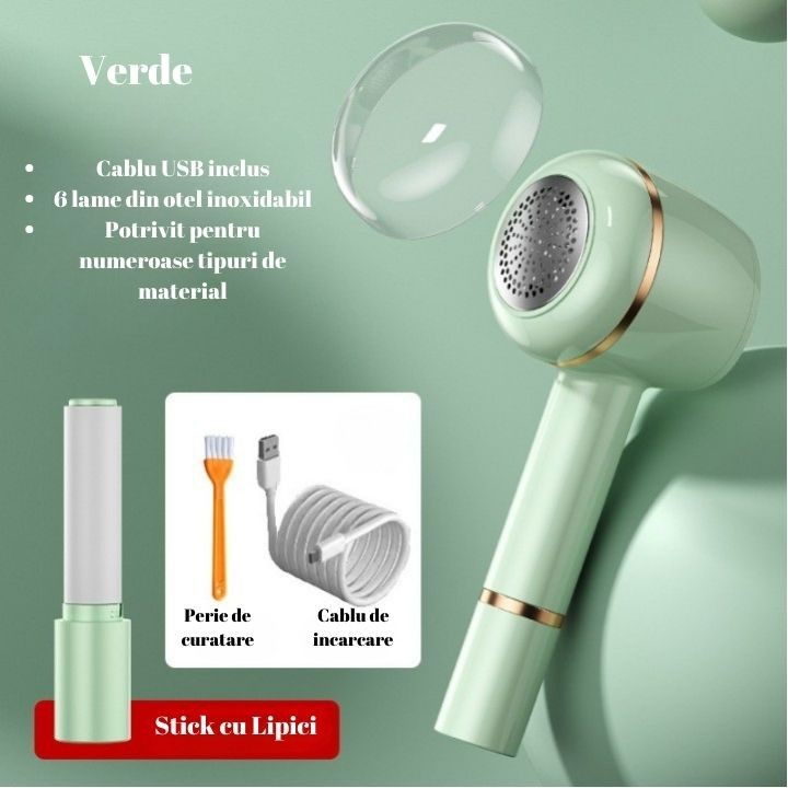 Aparat pentru curatat scame, par si praf, pentru diferite tipuri de material, cu lame din otel inoxidabil, incarcare prin usb type-c, cu perie de curatare, cablu usb si stick cu lipici incluse, verde, 220 x 86 mm [6]