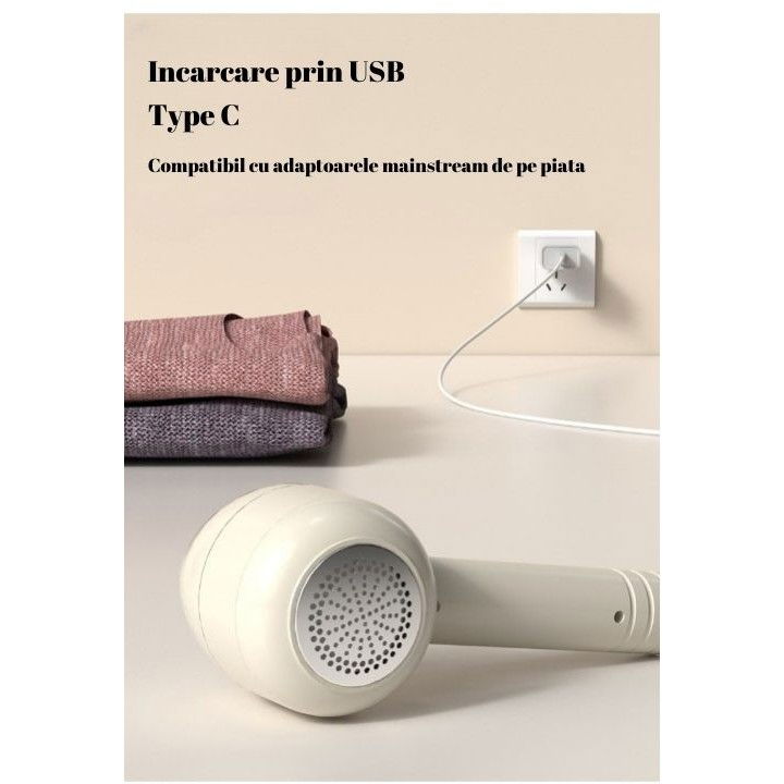 Aparat pentru curatat scame, par si praf, pentru diferite tipuri de material, cu lame din otel inoxidabil, incarcare prin usb type-c, cu perie de curatare, cablu usb si stick cu lipici incluse, alb, 220 x 86 mm [2]
