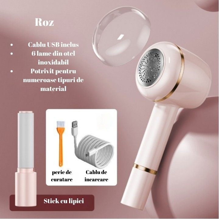 Aparat pentru curatat scame, par si praf, pentru diferite tipuri de material, cu lame din otel inoxidabil, incarcare prin usb type-c, cu perie de curatare, cablu usb si stick cu lipici incluse, roz, 220 x 86 mm [4]