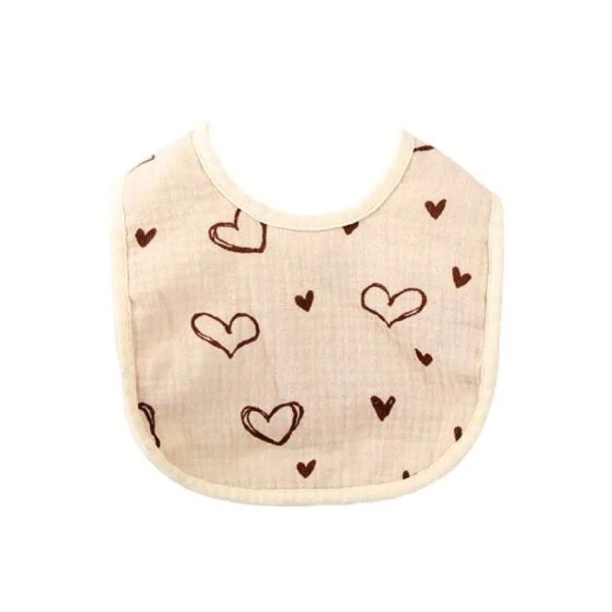 Baveta in forma de u, din bumbac, pentru copii 0-12 luni, rezistenta la apa, cu capse, model cu inimoare,  21x30 cm, bej [5]