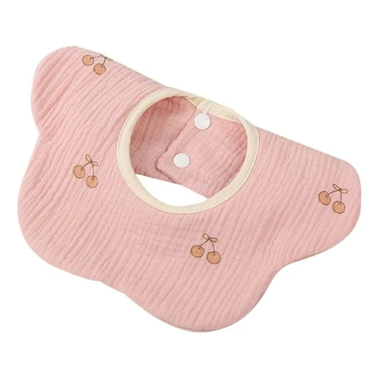 Baveta tip floare, din bumbac, pentru copii 0-12 luni, rezistenta la apa, cu capse, model cu cirese, 26 x 29 cm, roz [1]