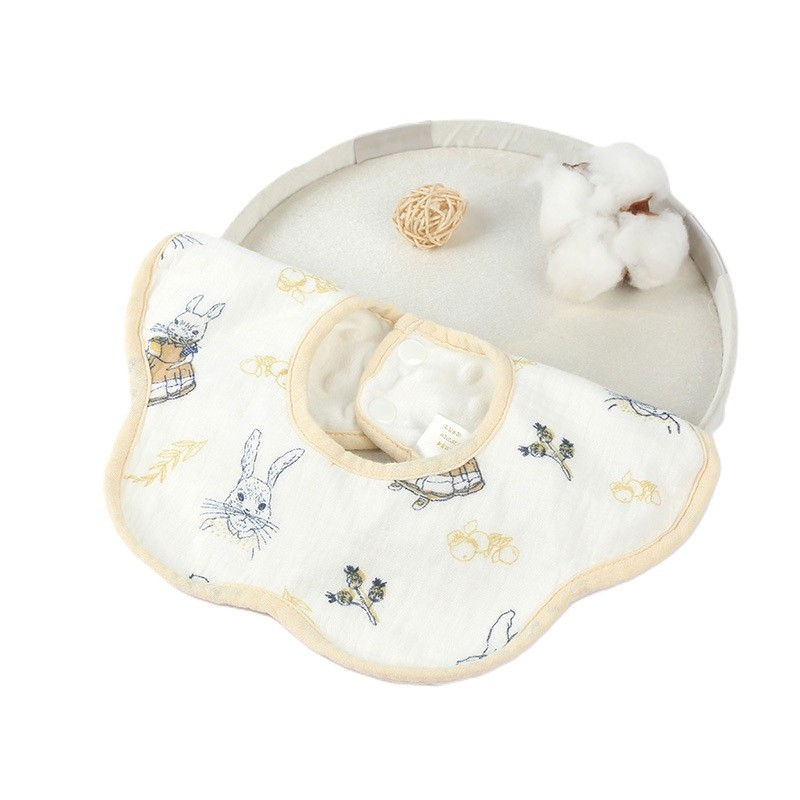 Baveta tip floare, din bumbac, pentru copii 0-12 luni, rezistenta la apa, cu capse, model cu iepurasi, 26 x 29 cm, alb [1]