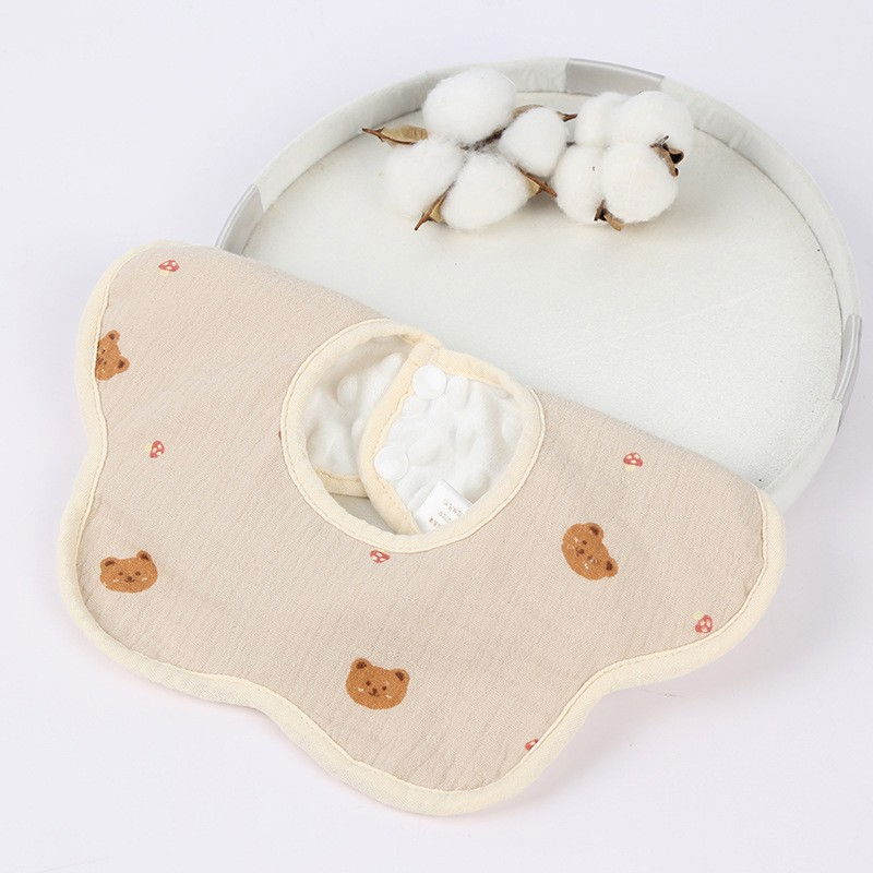 Baveta tip floare, din bumbac, pentru copii 0-12 luni, rezistenta la apa, cu capse, model cu ursuleti, 26 x 29 cm, crem [2]