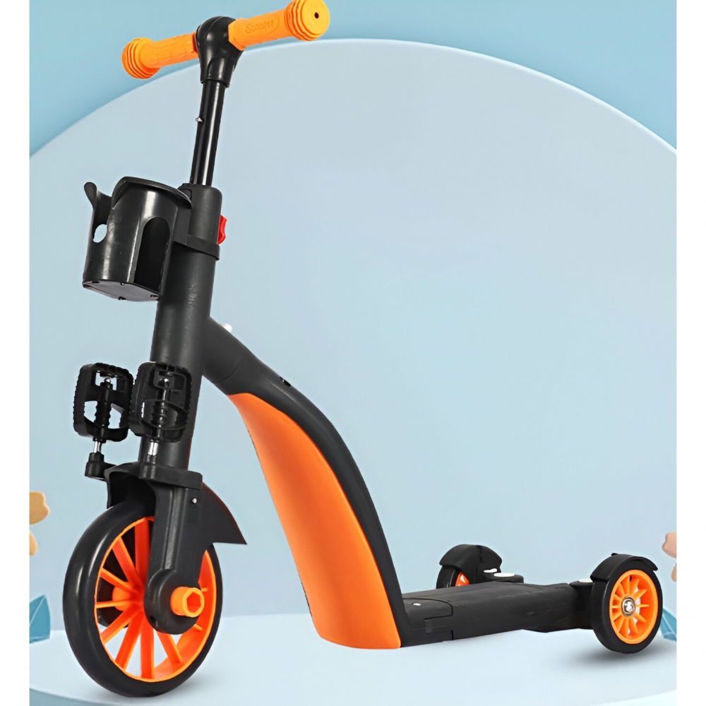 Bicicleta 8 in 1, transformabila, multifunctionala, reglare inaltime, cu maner de impingere detasabil, tricicleta, trotineta, 3 roti, pedale, cosulet, 3-6 ani, portocaliu [4]