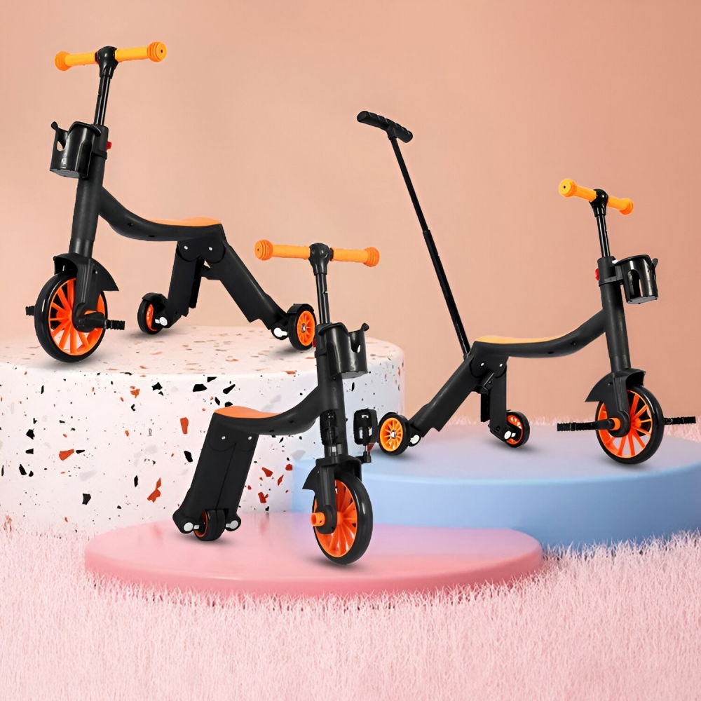 Bicicleta 8 in 1, transformabila, multifunctionala, reglare inaltime, cu maner de impingere detasabil, tricicleta, trotineta, 3 roti, pedale, cosulet, 3-6 ani, portocaliu [3]