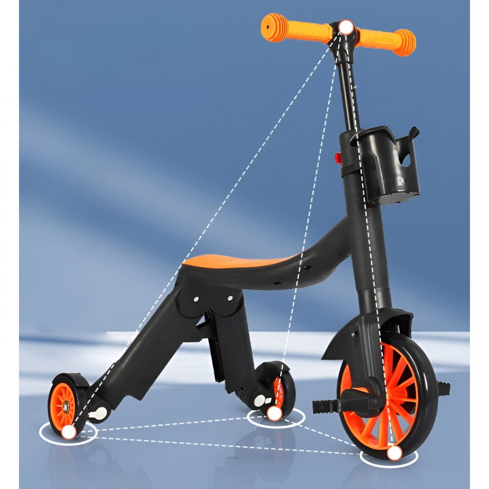 Bicicleta 8 in 1, transformabila, multifunctionala, reglare inaltime, cu maner de impingere detasabil, tricicleta, trotineta, 3 roti, pedale, cosulet, 3-6 ani, portocaliu [6]