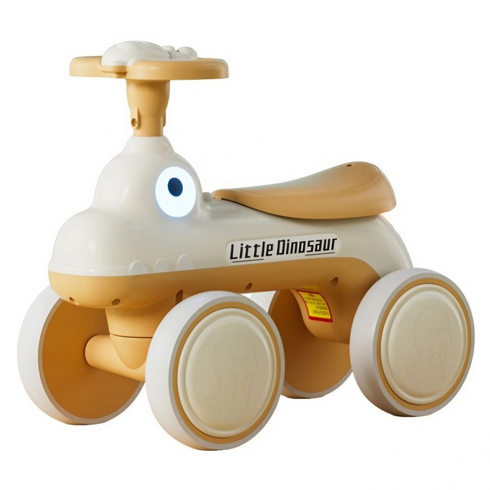 Bicicleta pentru copii, fara pedale, cu patru roti, din plastic rezistent, fara bpa, cu muzica si lumini, model dinozaur, 50x27x40 cm, galben-mustar [1]