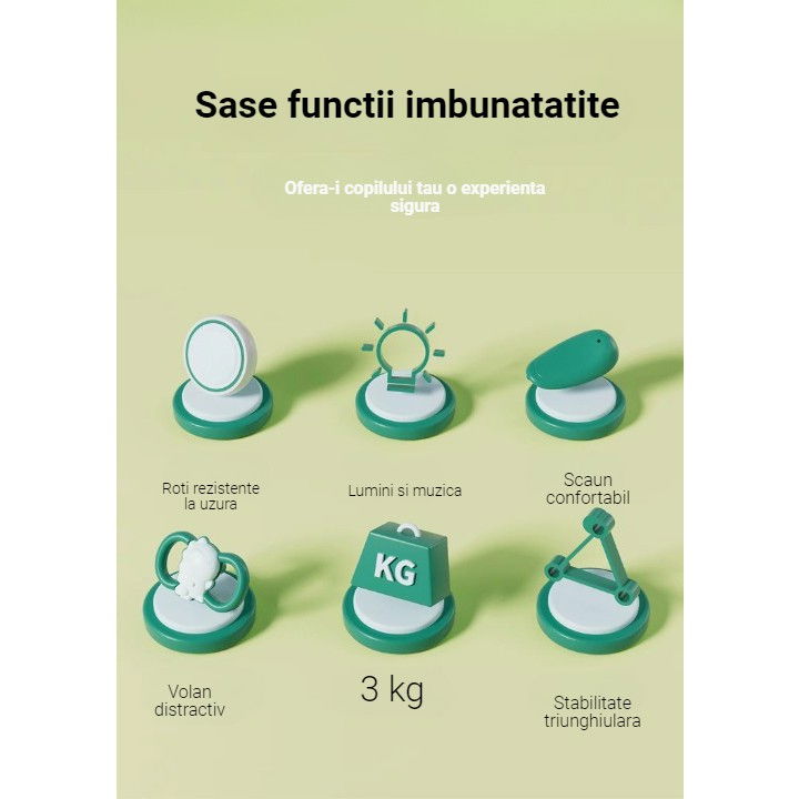 Bicicleta pentru copii, fara pedale, cu patru roti, din plastic rezistent, fara bpa, cu muzica si lumini, model dinozaur, 50x27x40 cm, verde [3]