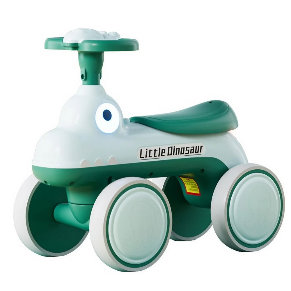 Bicicleta pentru copii, fara pedale, cu patru roti, din plastic rezistent, fara bpa, cu muzica si lumini, model dinozaur, 50x27x40 cm, verde [1]