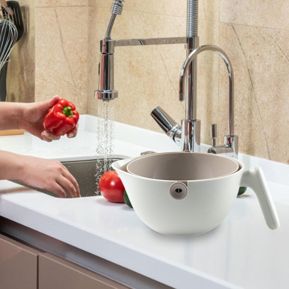 Bol cu doua straturi, pentru fructe, legume, cu cos de scurgere a apei, 2l, din abs+pp, 29.9 x 22.5 x 11.8 cm, alb - gri [2]