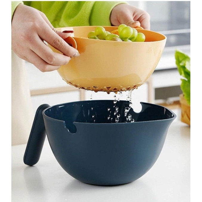 Bol cu doua straturi, pentru fructe, legume, cu cos de scurgere a apei, 2l, din abs+pp, 29.9 x 22.5 x 11.8 cm, albastru-portocaliu [3]