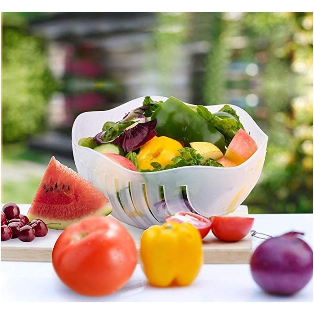 Bol feliator pentru salata, castron multifunctional pentru legume si fructe, pentru spalat si taiat legumele, cu scurgere si tocator, ergonomic, protectie pentru maini, 21x18.5x11.5 cm, albastru [11]