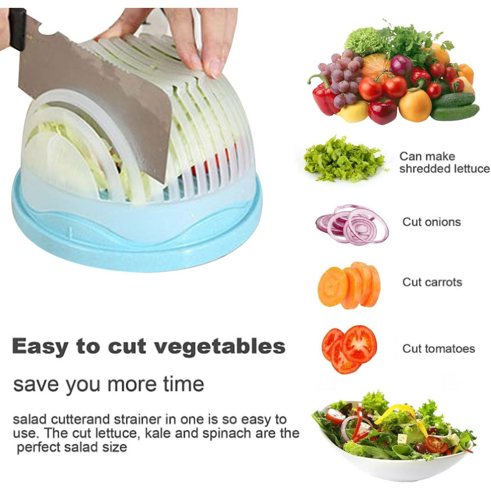 Bol feliator pentru salata, castron multifunctional pentru legume si fructe, pentru spalat si taiat legumele, cu scurgere si tocator, ergonomic, protectie pentru maini, 21x18.5x11.5 cm, albastru [4]