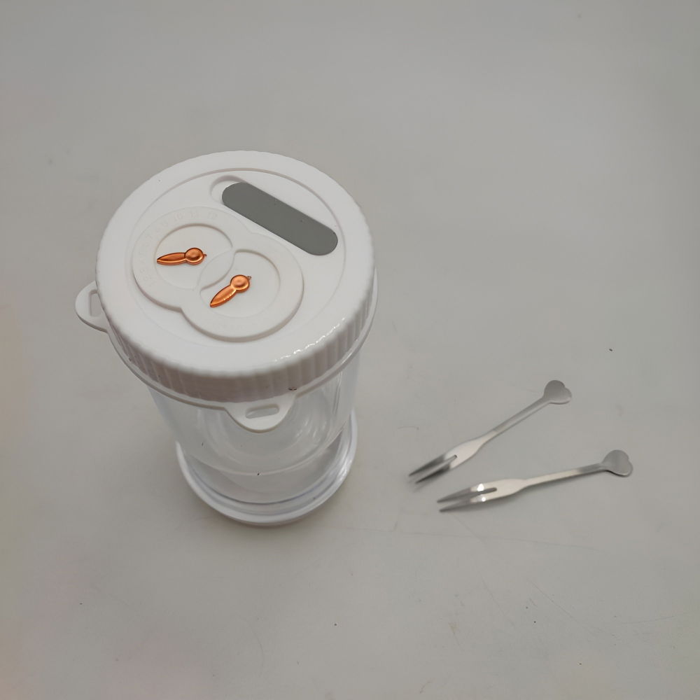 Borcan pentru muraturi, cu separator pentru lichide, ermetic, termorezistent, tip clepsidra, 2 furculite incluse, abs, alb, 18x9x9 cm [3]