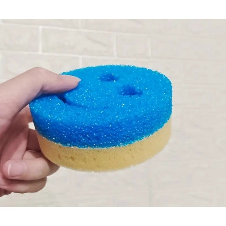 Burete de vase, rotund, din burete pu, model smiley face, doua fete, 10 x 4 cm, albastru/galben [3]