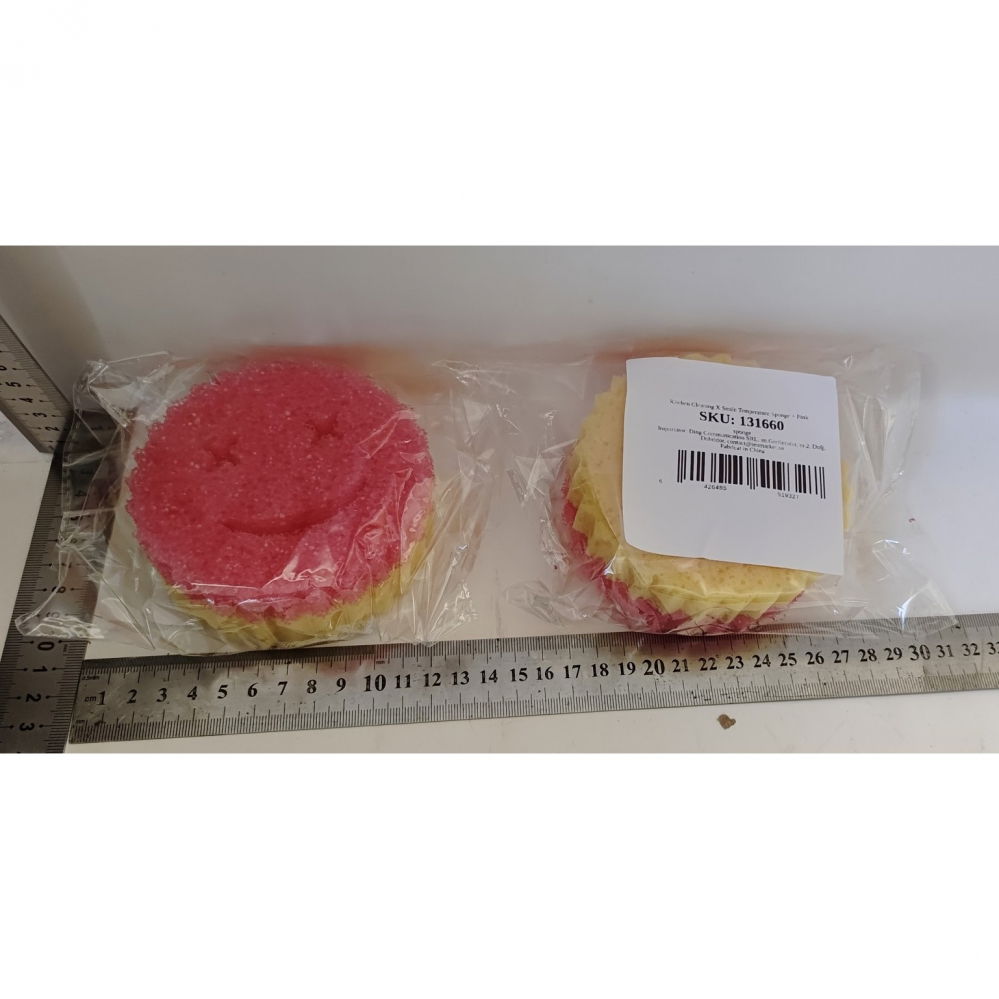 Burete de vase, rotund, din burete pu, model smiley face, doua fete, 10 x 4 cm, roz/galben [2]