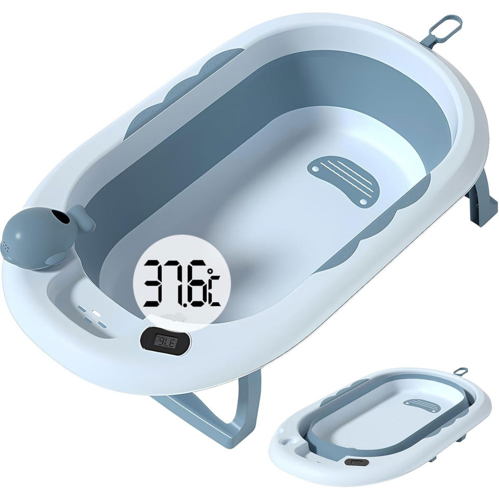 Cada de baie, pentru copii 0 luni - 6 ani, cu termometru, pliabila, perna suport inclusa, din plastic, 81.5 x 49 x 21.5 cm, albastru [1]