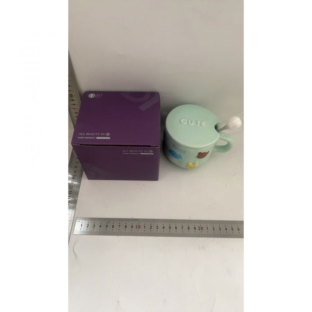 Cana ceramica, din portelan, print figurine animalute, cana penru copii, model cute, cana cu lingura si capac, ceasca pentru cafea, ceai, 400ml albastru [2]