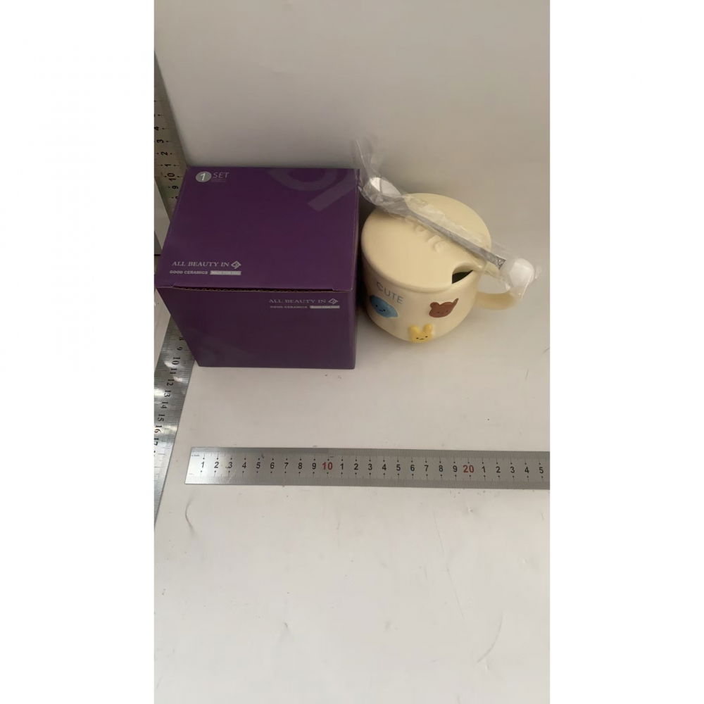 Cana ceramica, din portelan, print figurine animalute, cana penru copii, model cute, cana cu lingura si capac, ceasca pentru cafea, ceai, 400ml galben [2]