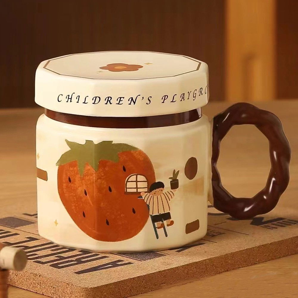 Cana din ceramica, cana pentru cafea, ceai, cana universala, unisex, cana cu capac, 9 x 8 x 8 cm, 400 ml, model capsuna, bej [2]