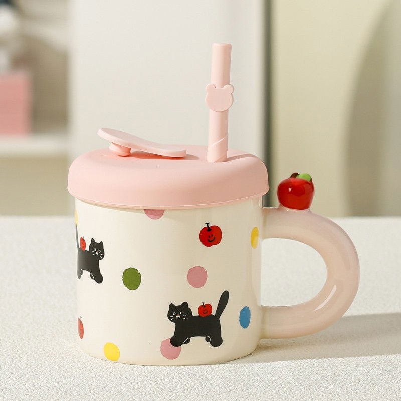 Cana din ceramica cu capac si pai, capacul si paiul din silicon roz, 9x8.5 cm, model cute b, capacitate 380ml [2]